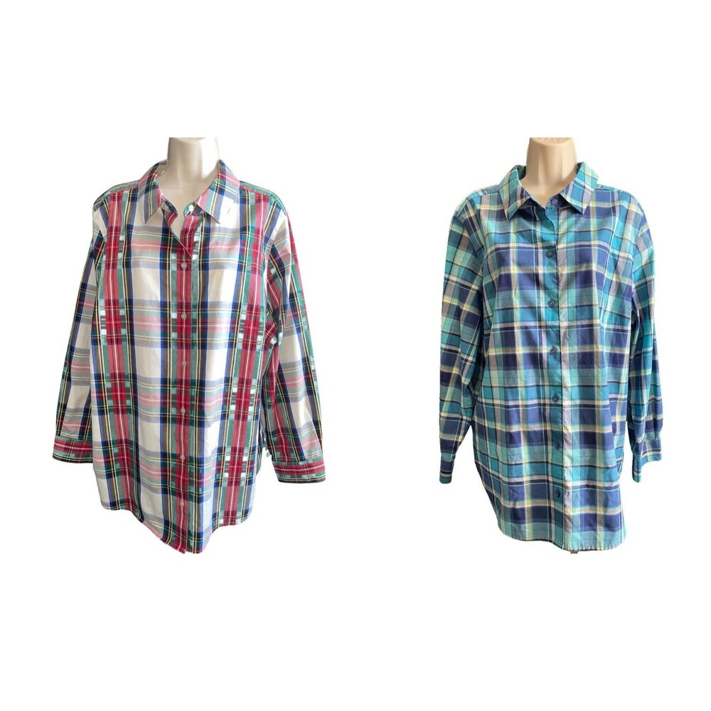 Lot 2 FOXCROFT for Appleseed's Wrinkle Free Plaid Shirts 18W Shaped Red & Blue